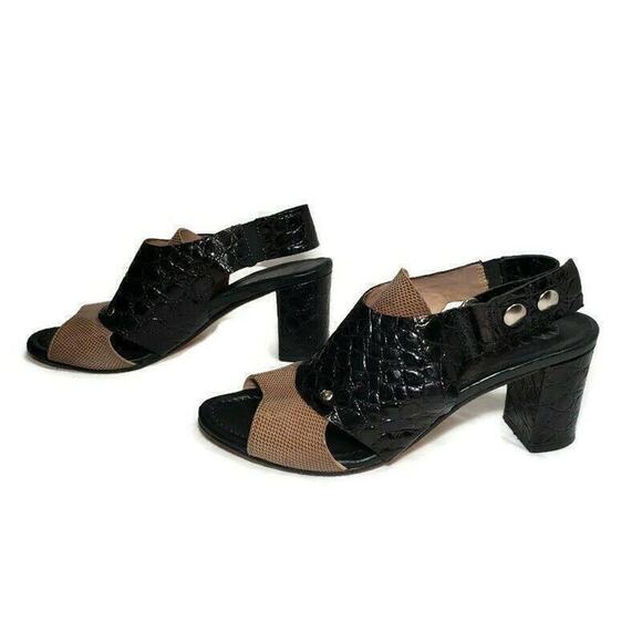 Anyi Lu‎ Sling Back Sandals 8 38 Womens Black Tan Leather Handmade Chunky Heel - Picture 2 of 11